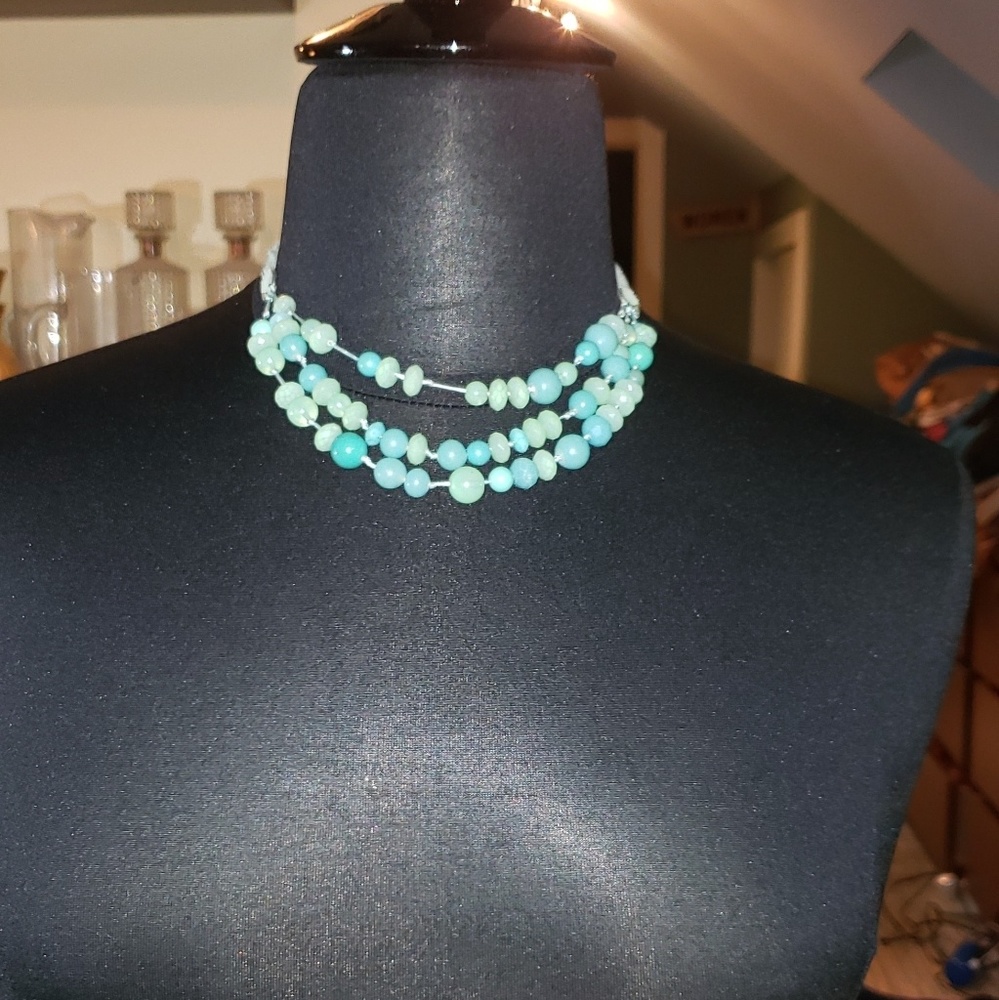 Vintage Multi Strand Turquise Glass Beaded Choker Necklace